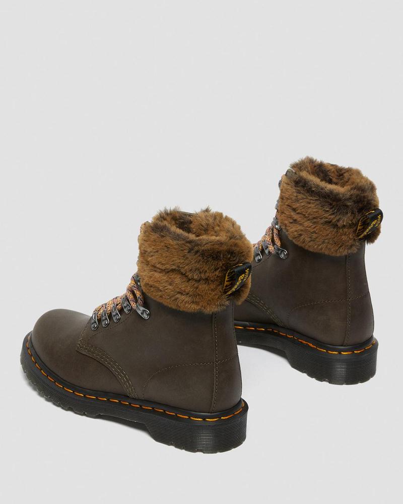 Grey Women's Dr Martens 1460 Serena Collar Faux Fur Lined Winter Boots | CA 277CTV